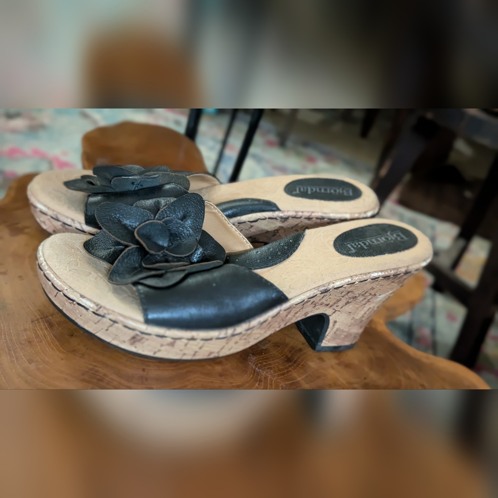 Bjorndal Black Leia Leather Wedges with Floral Detail Sandals